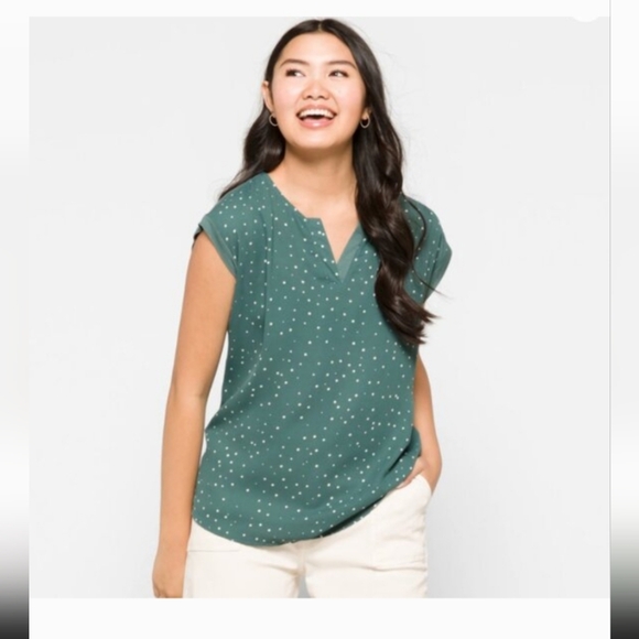Papermoon Tops - Papermoon Green Polka Dot Split-Neck Cap Sleeve Blouse
